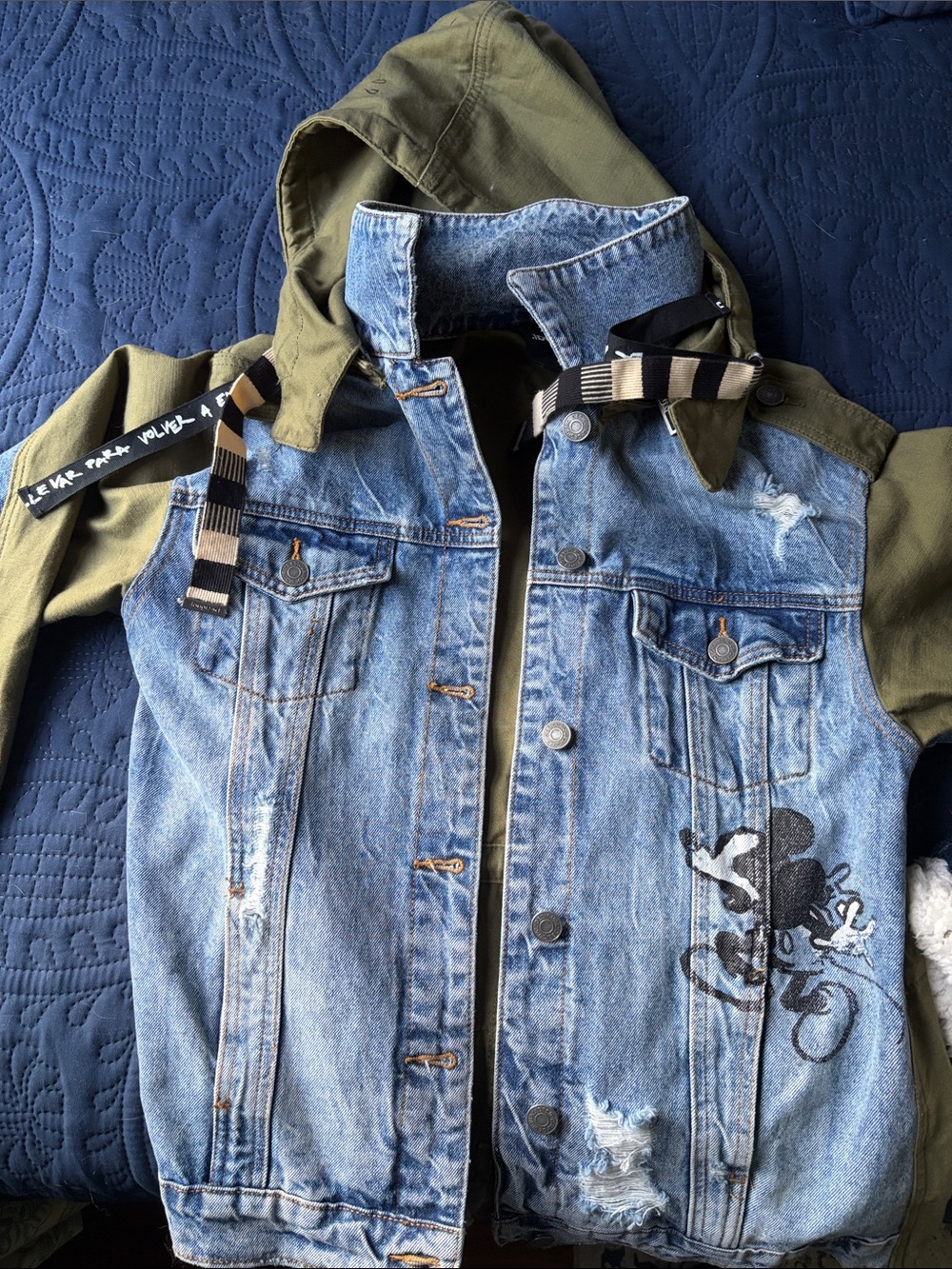 Denim Mickey Graphic Hooded Jacket - Blue & Olive
